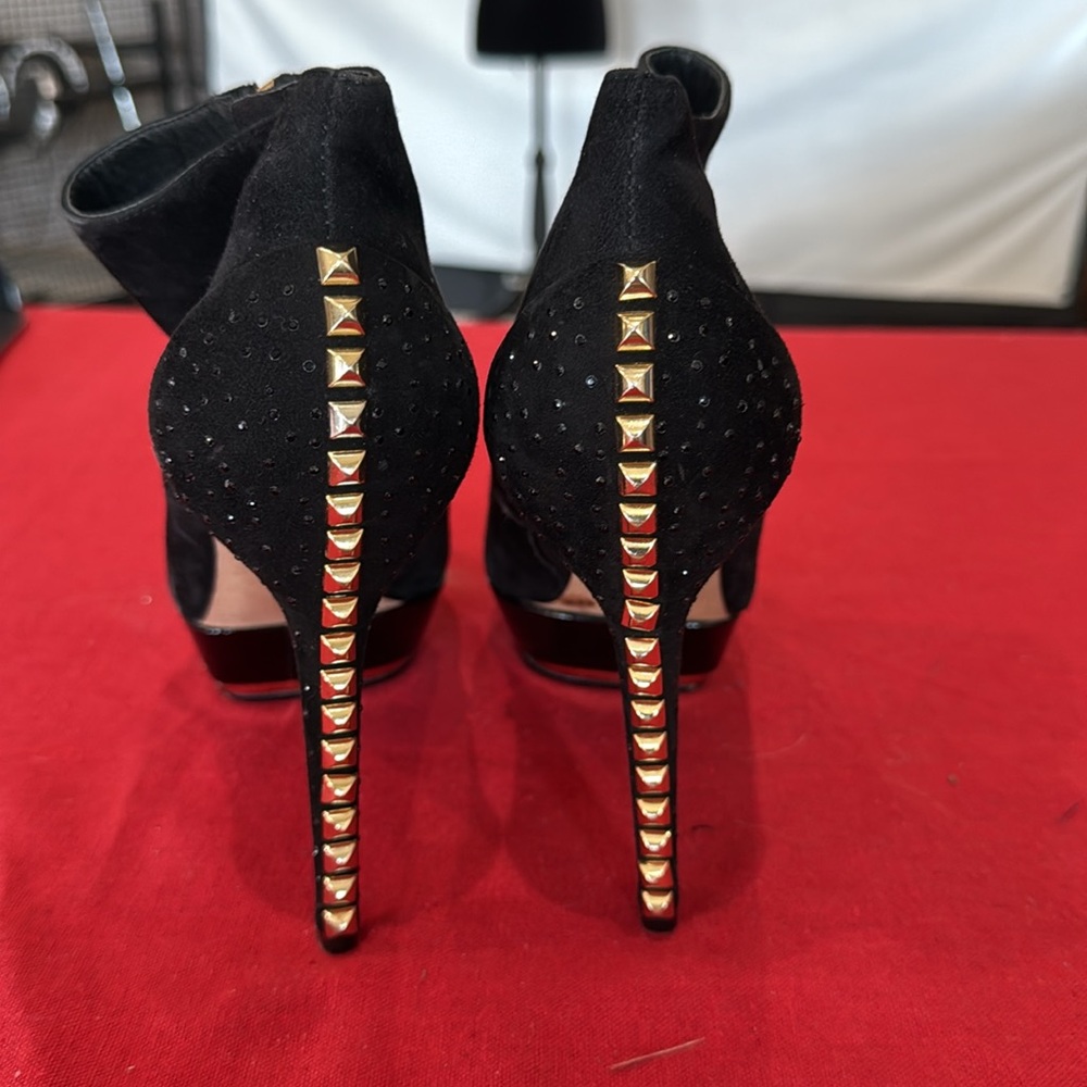 Vince Camuto Black Heeled Booties with Gold Studs - Picture 3 of 4